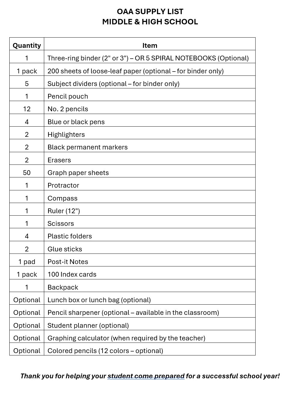 OAA supply list for middle and high school showing a table of items and quantities (binders, paper, dividers, pencils, pens, highlighters, erasers, graph paper, protractor, compass, ruler, scissors, folders, glue sticks, post-it notes, cards, backpack, optional lunch bag, optional sharpeners and planners).