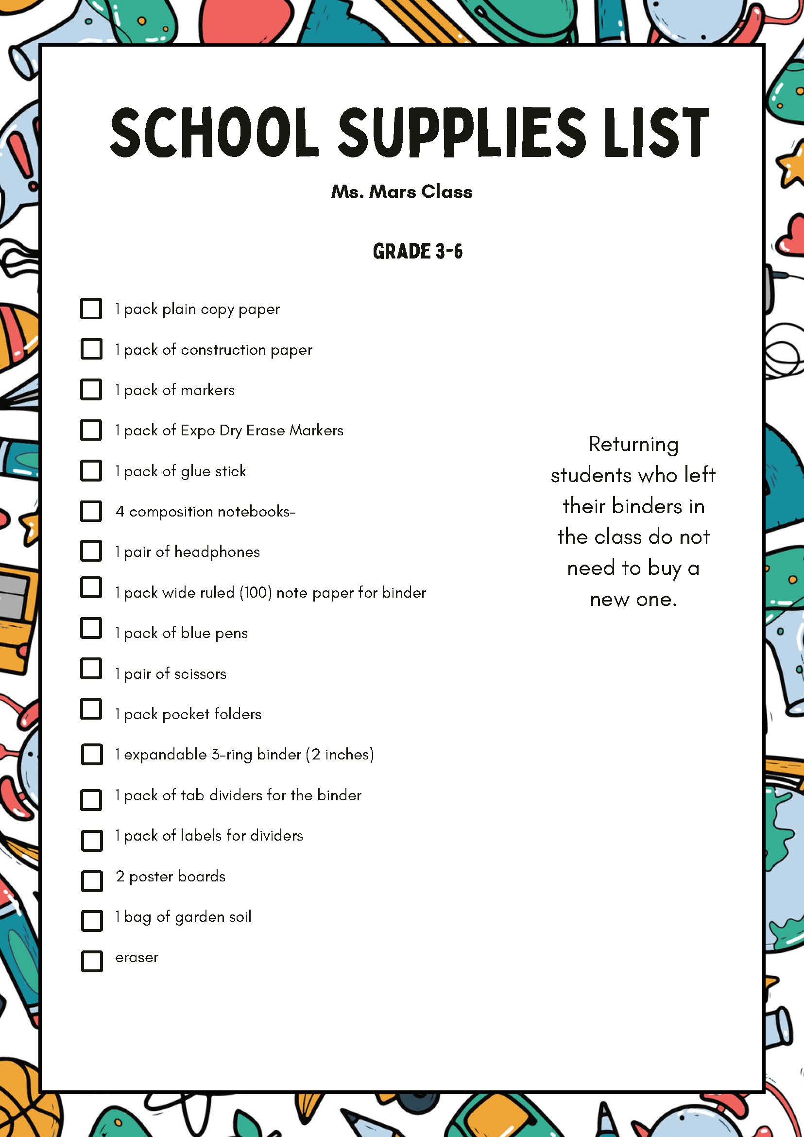 School Supplies List for Ms. Mars Class, Grade 3–6; a checkbox list of supplies on a white sheet with a colorful doodle border.